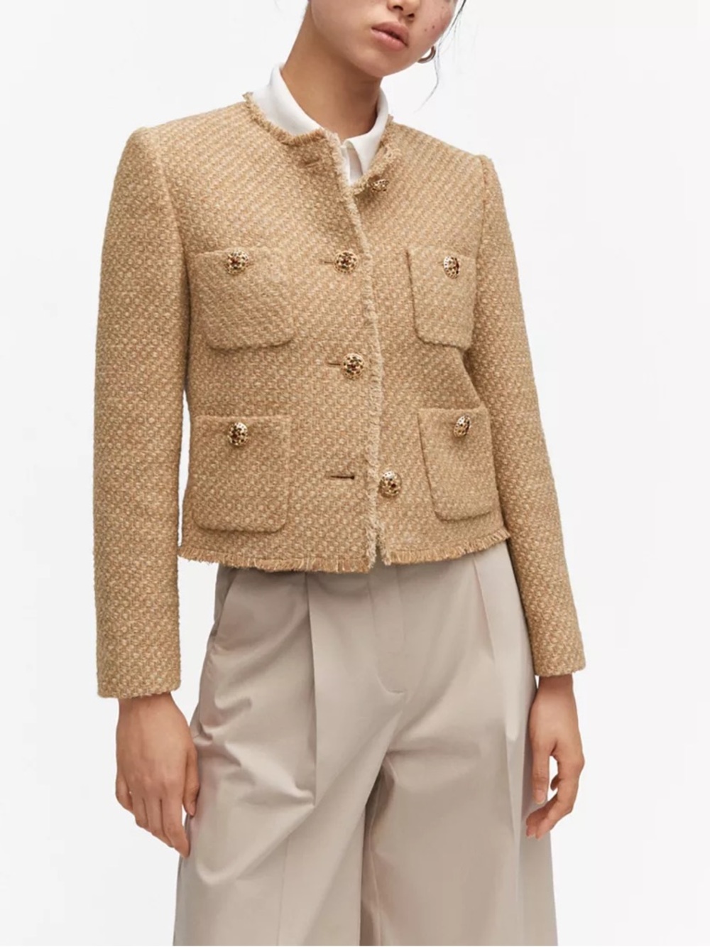 Blogger Favorite!!!  Mango Camel Tweed Jacket Jewel Buttons! Original price $130